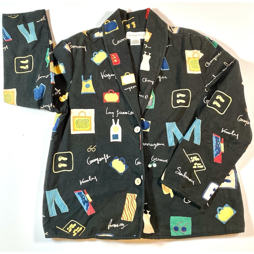 Jaqueline Lauren Artsy Vintage Blazer Jacket Black Cotton Women's Medium 1980's